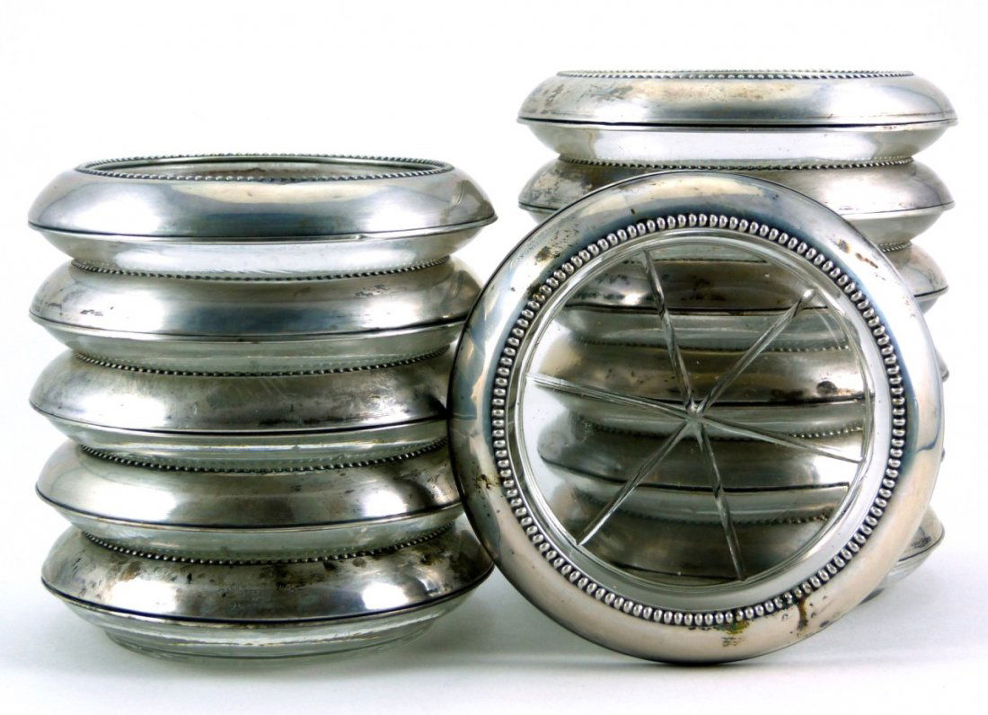 12pc FRANK WHITING & CO STERLING w GLASS COASTERS (1 of 6)