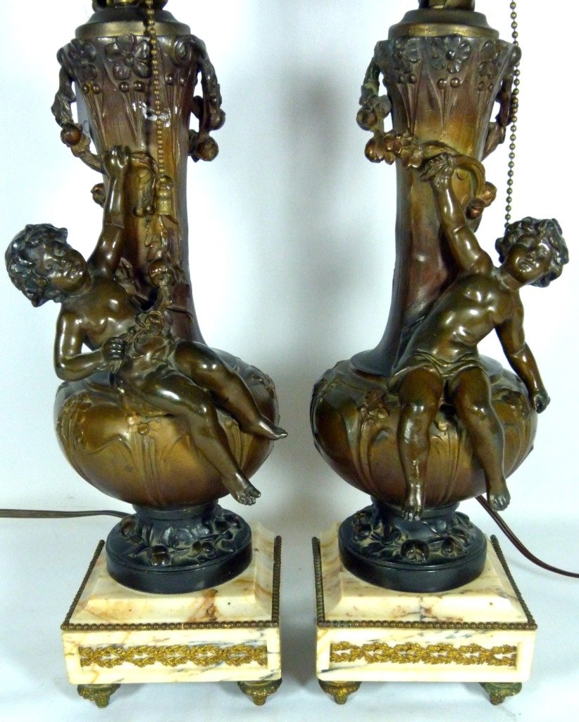 PAIR AUGUSTE MOREAU BRONZE PUTTI FIGURAL LAMPS (1 of 9)