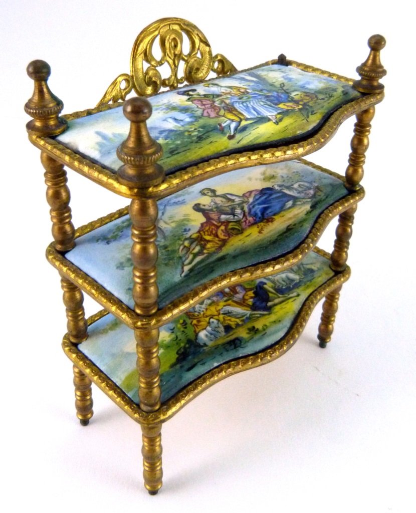 AUSTRIAN ENAMELED ORMOLU MINIATURE FURNITURE SHELF: Austrian enameled ormolu miniature furniture shelf. Measures 3" (7.62cm) height & width, total weight 101.9cm.