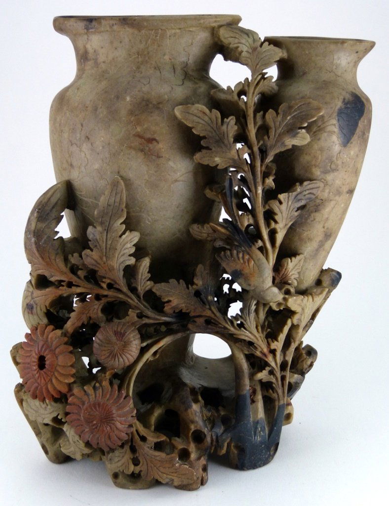 CHINESE CARVED SOAPSTONE DOUBLE VASE (1 of 7)