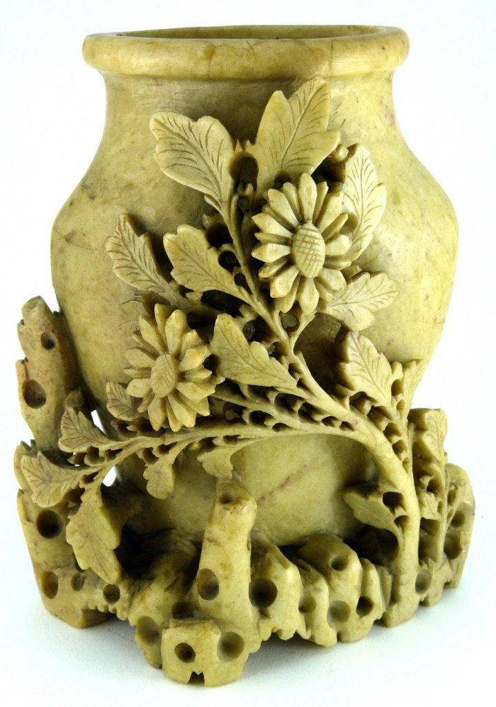 CHINESE CARVED YELLOW SOAPSTONE FLORAL VESSEL (1 of 7)