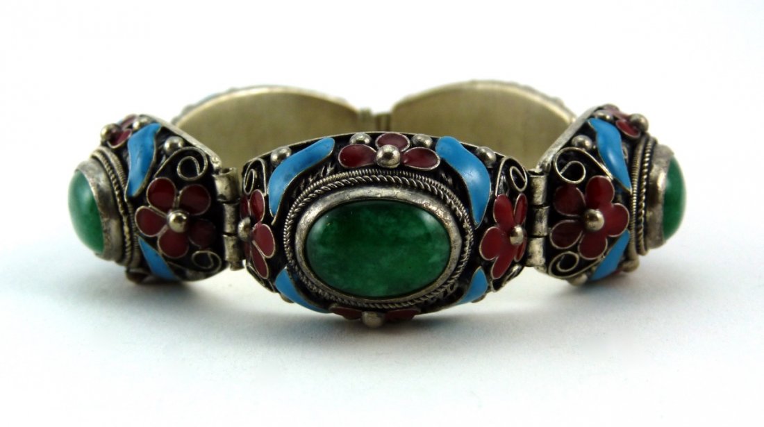CHINESE SILVER ENAMEL w JADEITE BRACELET (1 of 8)