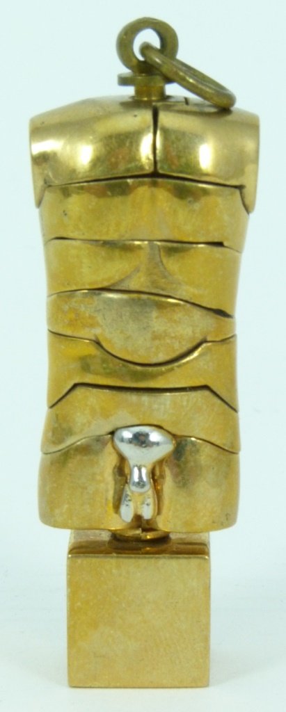 MIGUEL BERROCAL MICRO DAVID OFF PUZZLE PENDANT: Miguel Berrocal Micro David-Off 1971 Italian bronze erotic male torso puzzle pendant. Including original box and booklet. Pendant measures 2 1/2" (6cm) height, total weight including box is 237g.