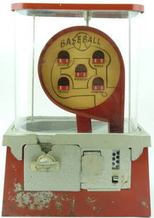 MULTI VENDOR "BASEBALL" VINTAGE GUMBALL MACHINE: Vintage Multi-vendor "Baseball" bubble gum machine. Hand painted. Measures 16" (41cm) height by 11" (28cm) width.