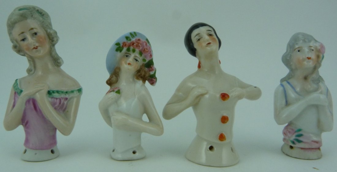 4pc GERMAN VINTAGE PORCELAIN PIN CUSHION DOLL TOPS (1 of 7)