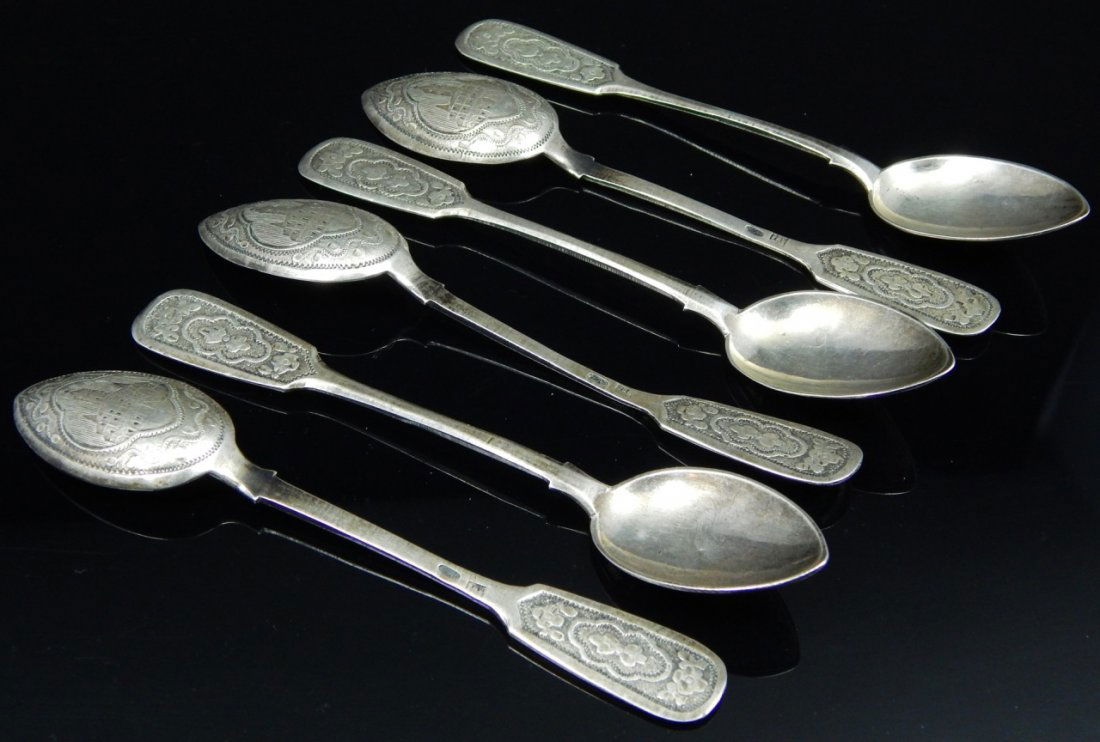 6pc RUSSIAN 1898-1908 SILVER ENGRAVED SPOONS (1 of 6)