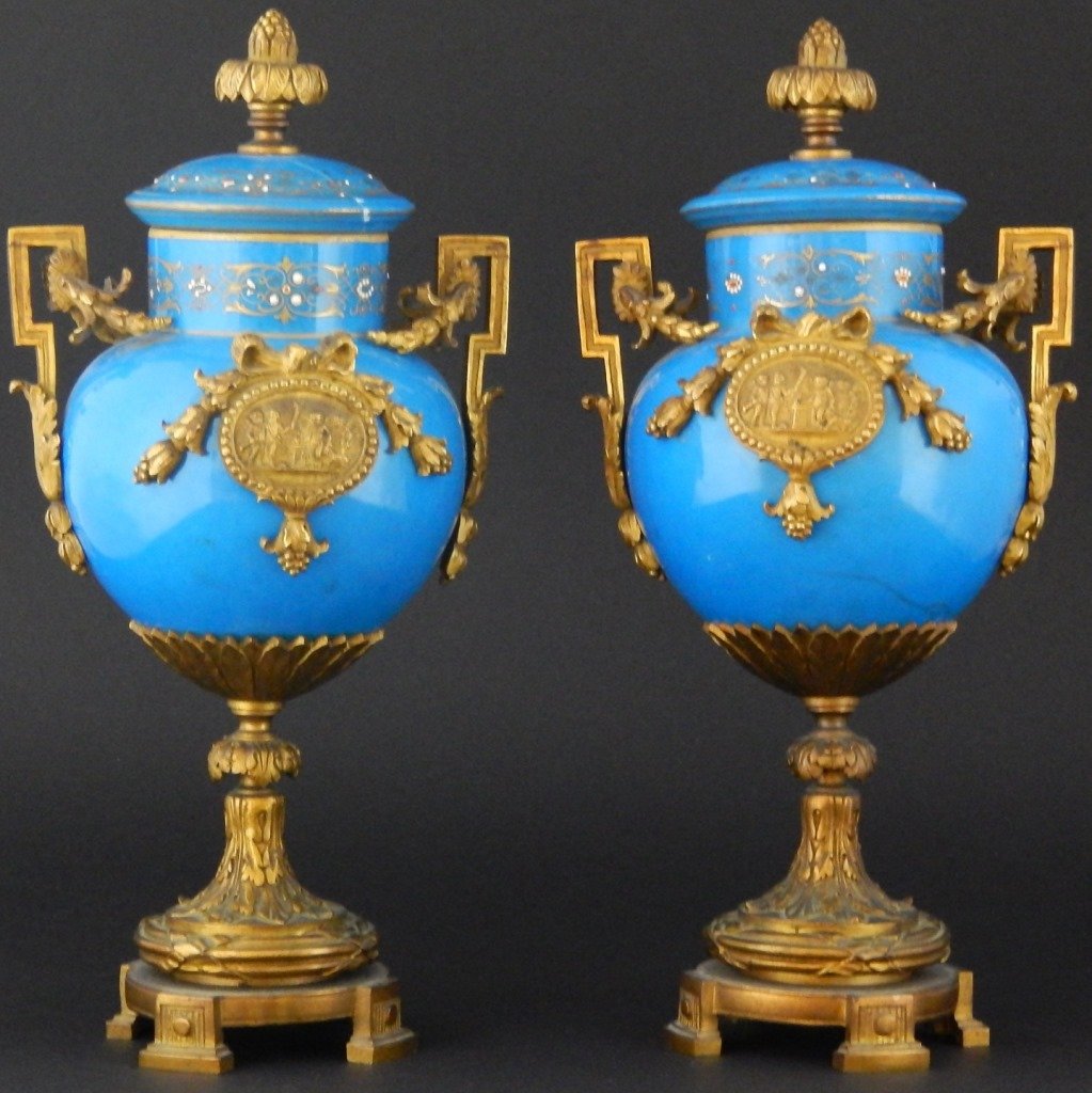 PAIR CONTINENTAL BLUE PORCELAIN & ORMOLU URNS (1 of 9)