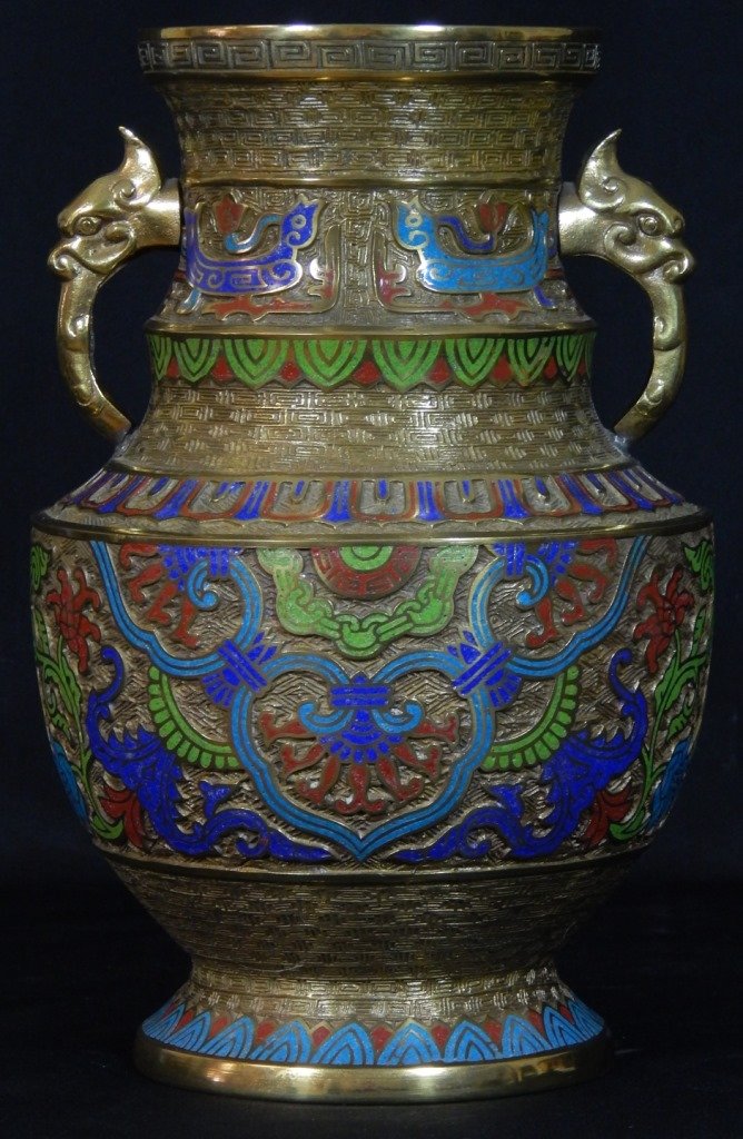 JAPANESE BRONZE ENAMELED HANDLED VASE (1 of 8)