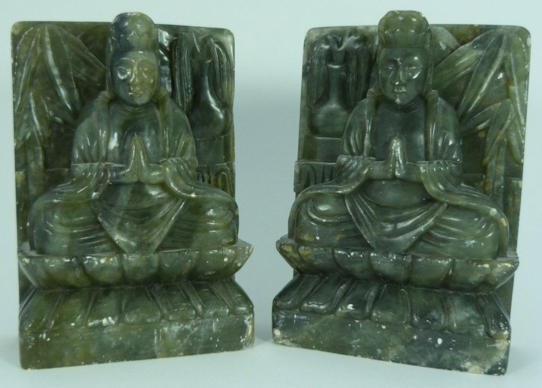 CHINESE CARVED BUDDHA HARDSTONE BOOKENDS (1 of 10)