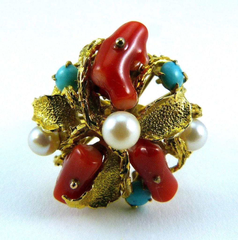 8KT YELLOW GOLD CORAL TURQUOISE PEARL RING (1 of 7)