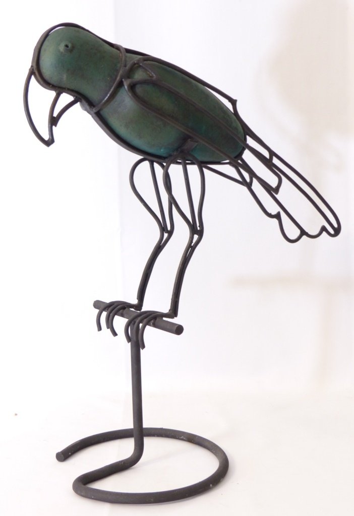 MID CENTURY METAL PARROT FORM SCULPTURE: Mid century parrot form rebar style sculpture, which the body of the bird is painted in a green color. Measures approx 23" (58cm) height.