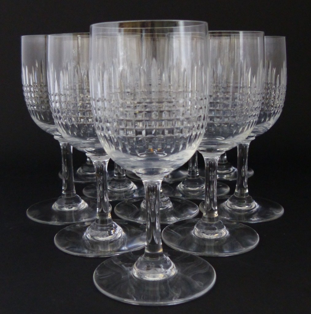 11pc BACCARAT "NANCY" CRYSTAL WINE GOBLETS: 11 Baccarat France "Nancy" pattern crystal wine goblets. Each measures 5 3/4" (14cm) height. Total weight 1415g.