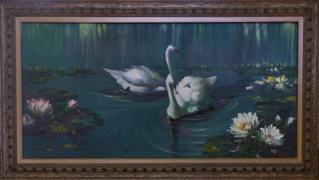 F. WONG OIL PAINTING ON CANVAS OF SWANS & LILIES (1 of 7)