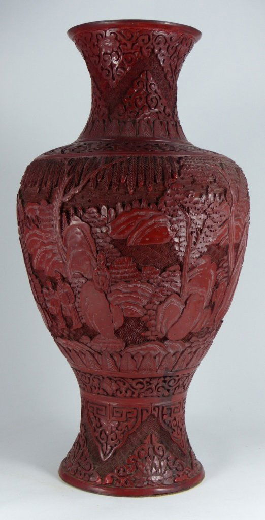 CHINESE ANTIQUE CARVED CINNABAR LACQUER VASE (1 of 10)