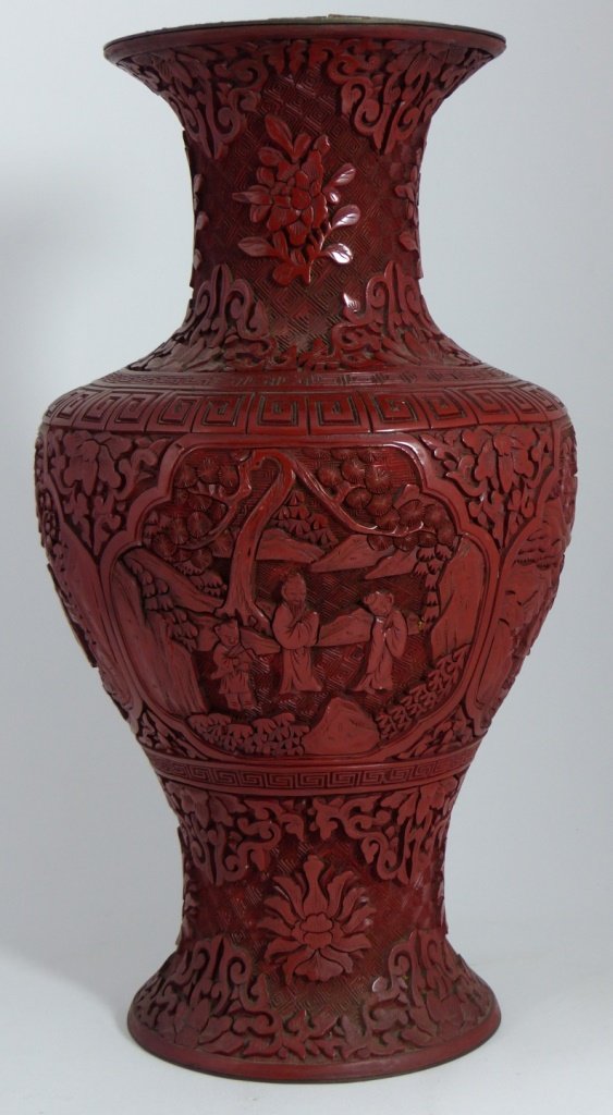 CHINESE ANTIQUE CARVED CINNABAR LACQUER VASE (1 of 7)