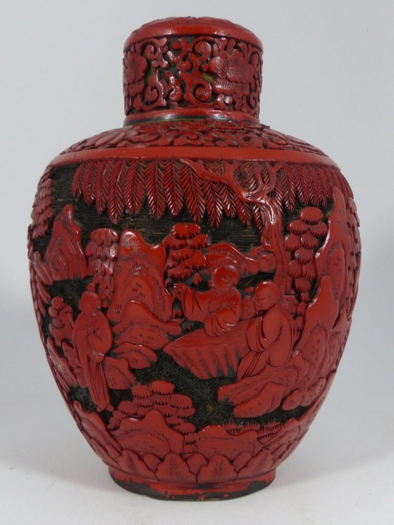 CHINESE CARVED RED CINNABAR LACQUER GINGER JAR (1 of 10)