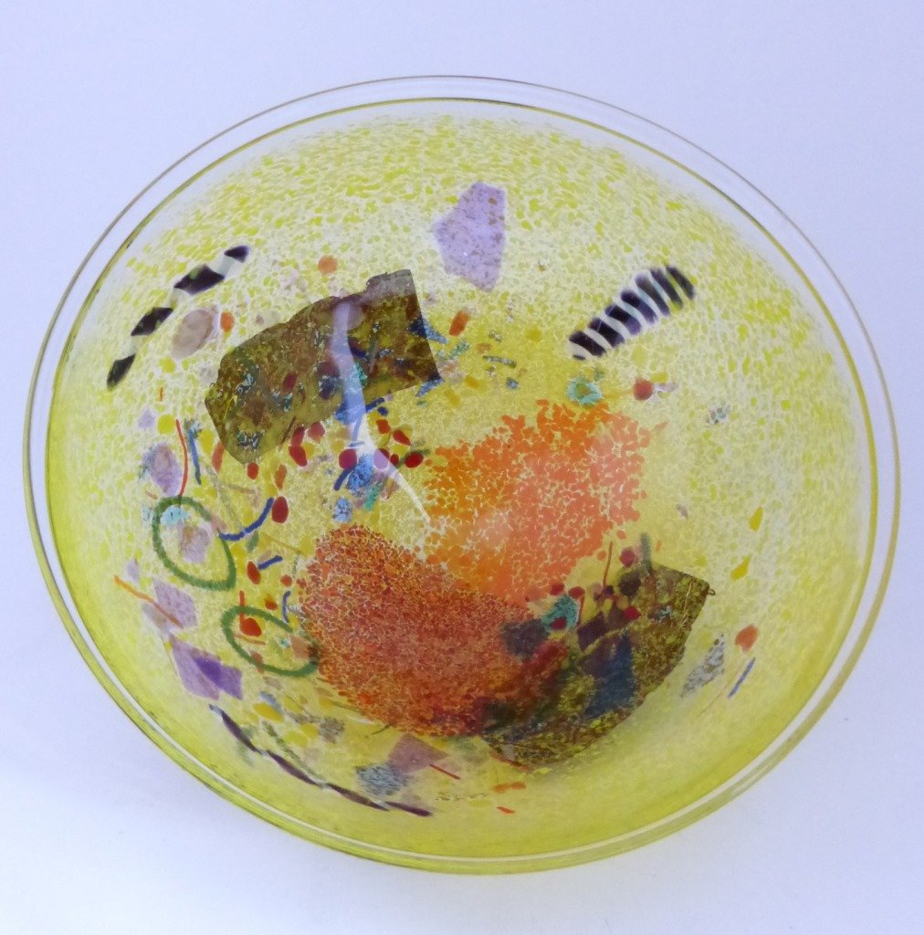 BERTIL VALLIEN FOR KOSTA BODA GLASS SATELLITE BOWL: Bertil Vallien (Sweden, 1938-) for Kosta Boda . "Satellite" bowl. Signed to bottom. Measures 9 1/2" (23cm) diameter, total weight 1466g.