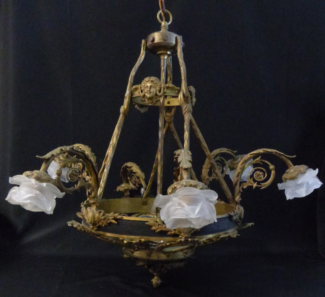 ANTIQUE FRENCH BRONZE w GLASS CHANDELIER (1 of 10)