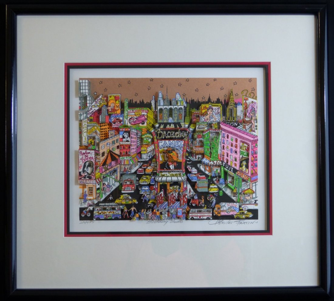 CHARLES FAZZINO BROADWAY BOUND 3D SERIGRAPH: Charles Fazzino "Broadway Bound" 3-D pop art serigraph. Signed and numbered 224/475 . Measures 14" (36cm) width by 11 1/2" (28cm) height plus 4 1/2" (11cm) frame and matting.