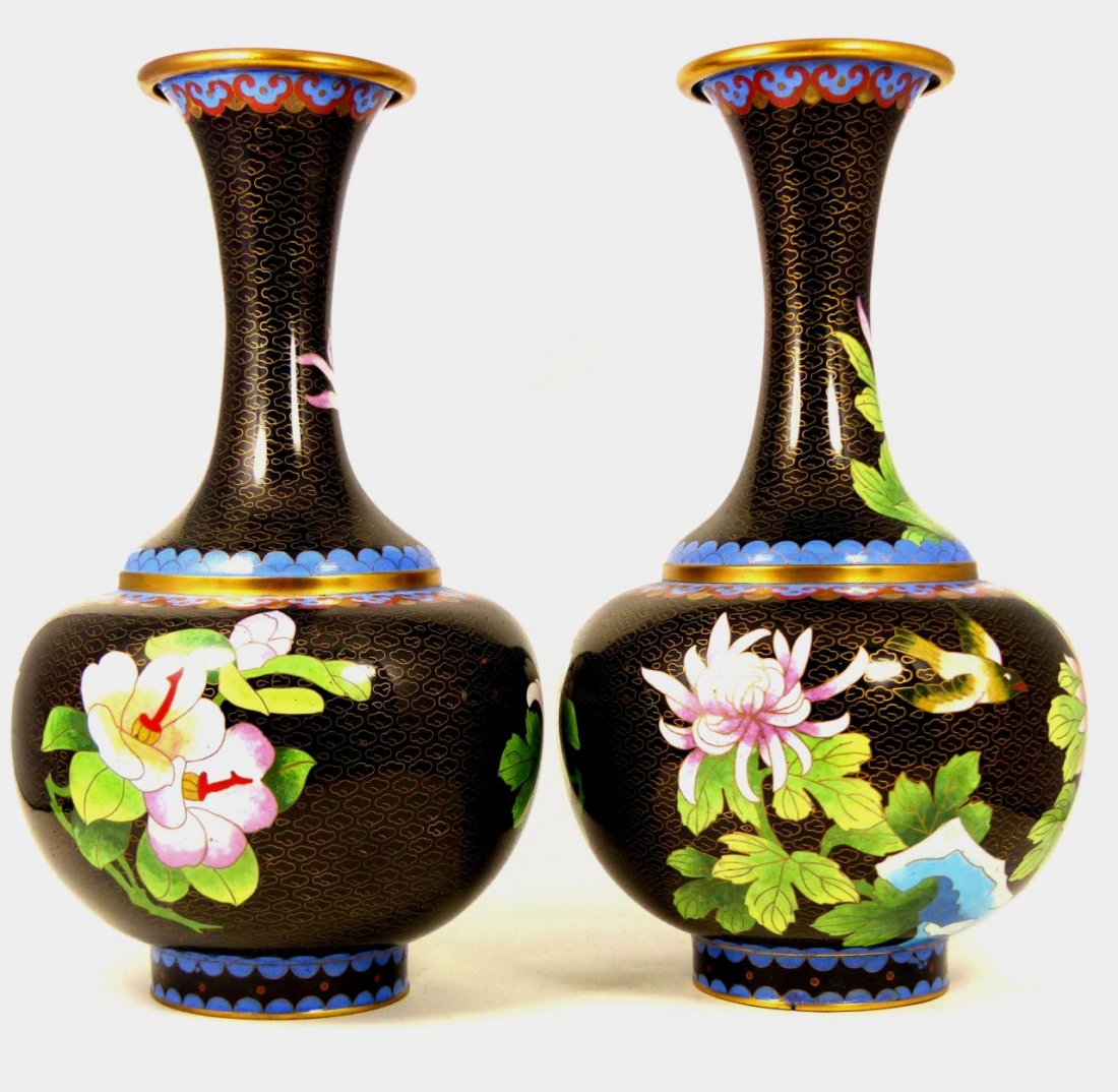 PAIR CHINESE CLOISONNE BLACK ENAMEL VASES (1 of 7)