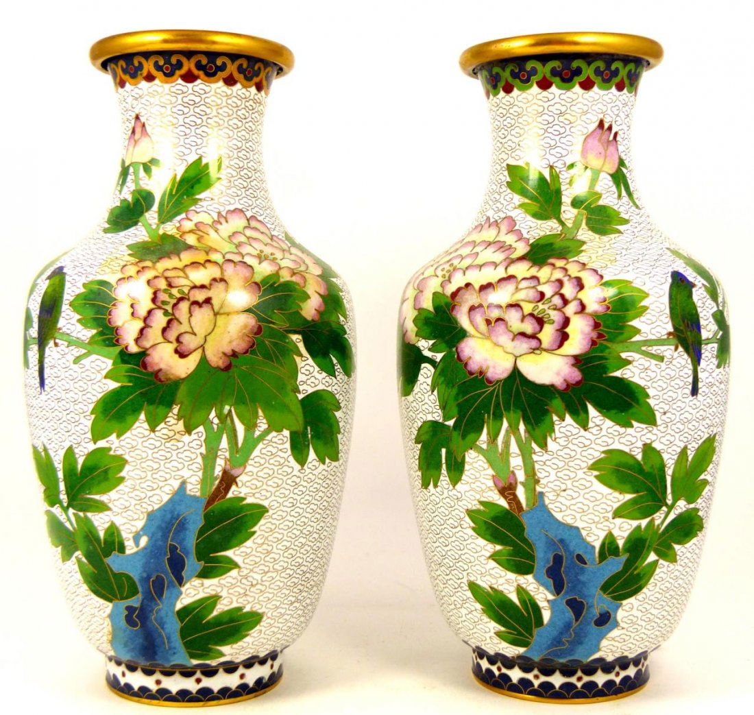 PAIR CHINESE CLOISONNE WHITE ENAMEL VASES (1 of 8)