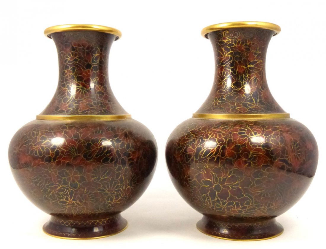 PAIR CHINESE RED ENAMELED FLORAL VASES (1 of 5)