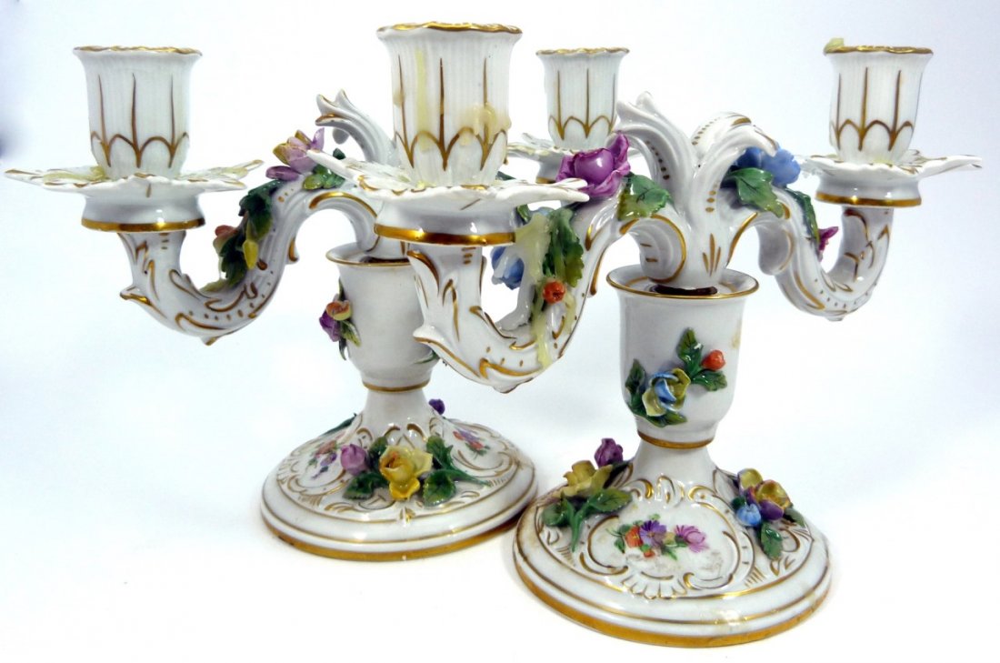 PAIR DRESDEN GERMAN PORCELAIN FLORAL CANDELABRA (1 of 10)