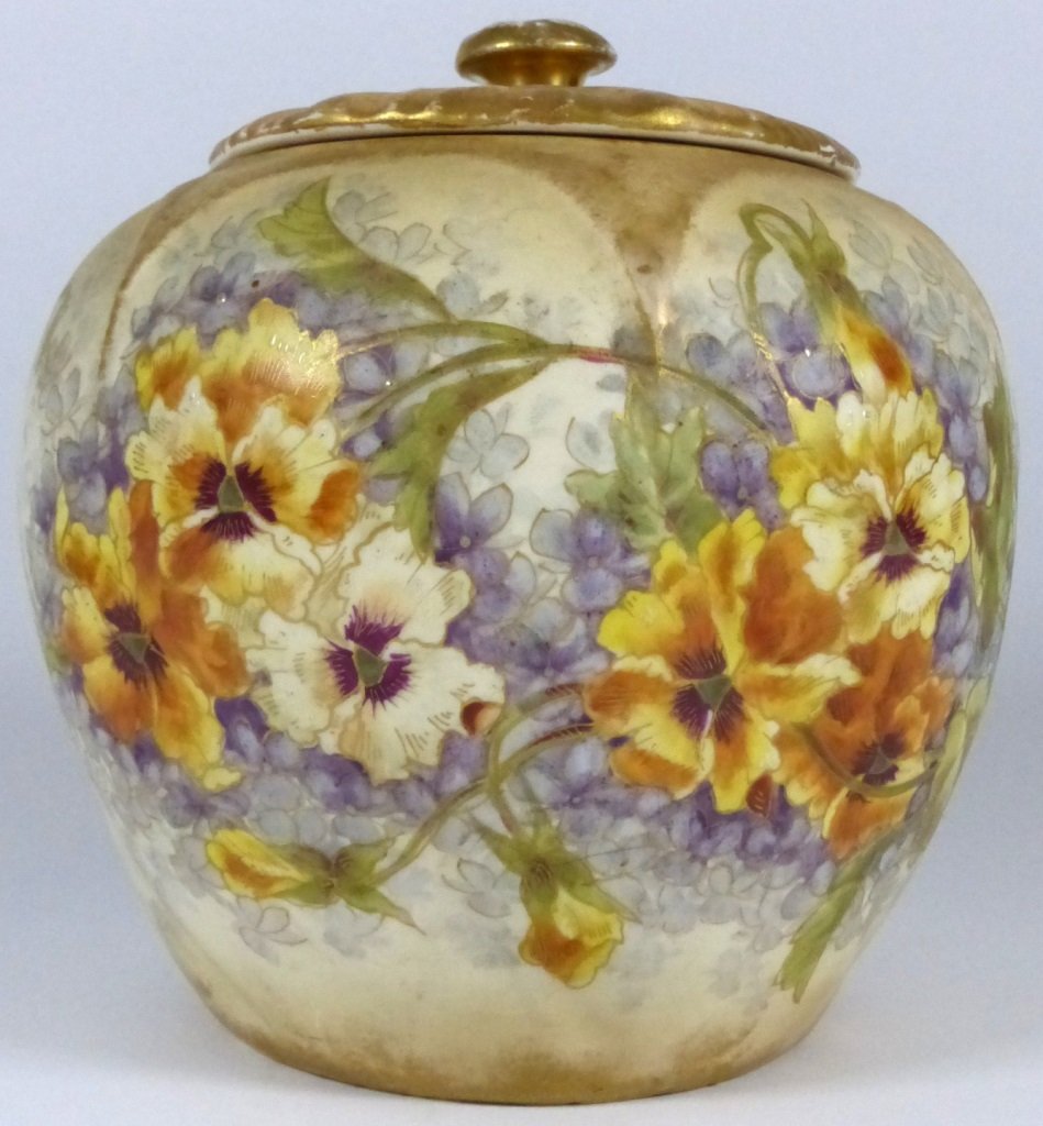 ROYAL BONN ANTIQUE PORCELAIN LIDDED JAR: Royal Bonn antique hand painted floral lidded jar. Measures 6" (15cm) height.