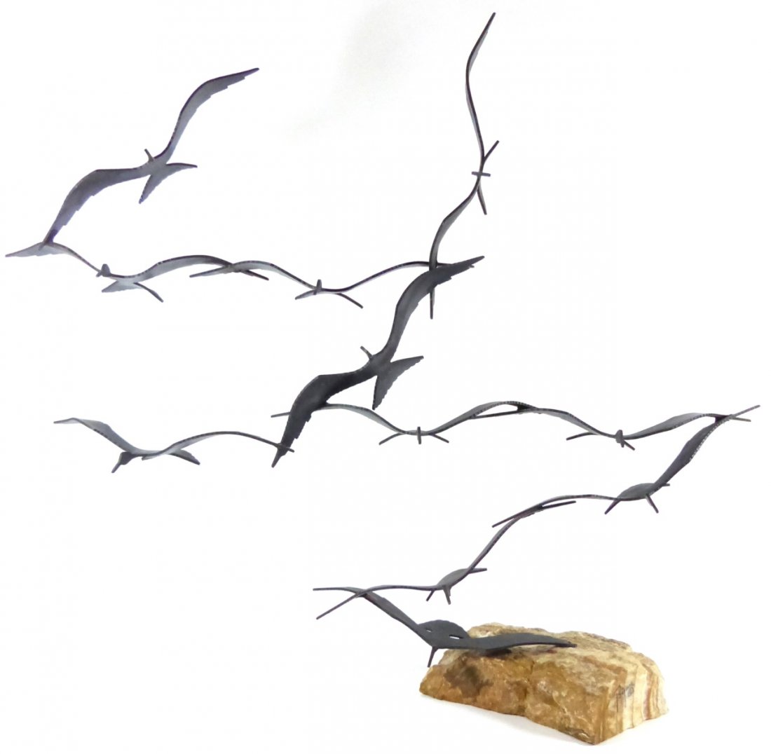 BRIAN BIJAN BIRDS IN FLIGHT 3D METAL SCULPTURE: Brian Bijan mid-century modern 3-D sculpture of birds in flight. Metal birds on a marble base. Signed to side of base. Measures 34" width (86cm) x 28 1/2" (72cm) height.