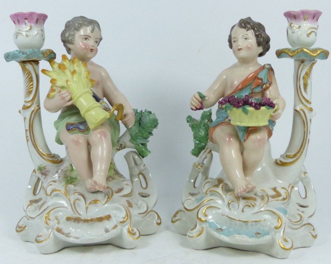 Pr 18th C CHELSEA FIGURAL PORCELAIN CANDLESTICKS (1 of 10)