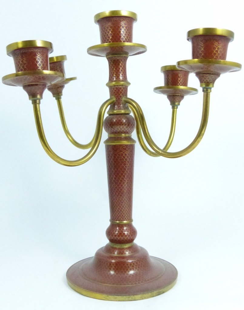 CHINESE CLOISONNE RED ENAMEL CANDELABRA (1 of 10)