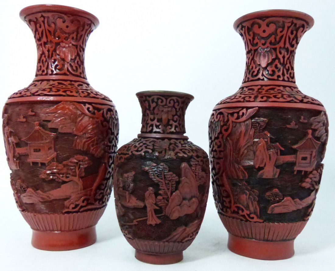 3pc CHINESE RED CINNABAR STYLE VASES (1 of 10)