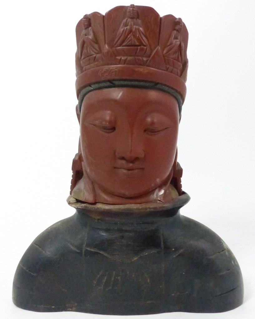 UNIQUE CHINESE CARVED WOOD BUDDHA LIDDED JAR (1 of 10)