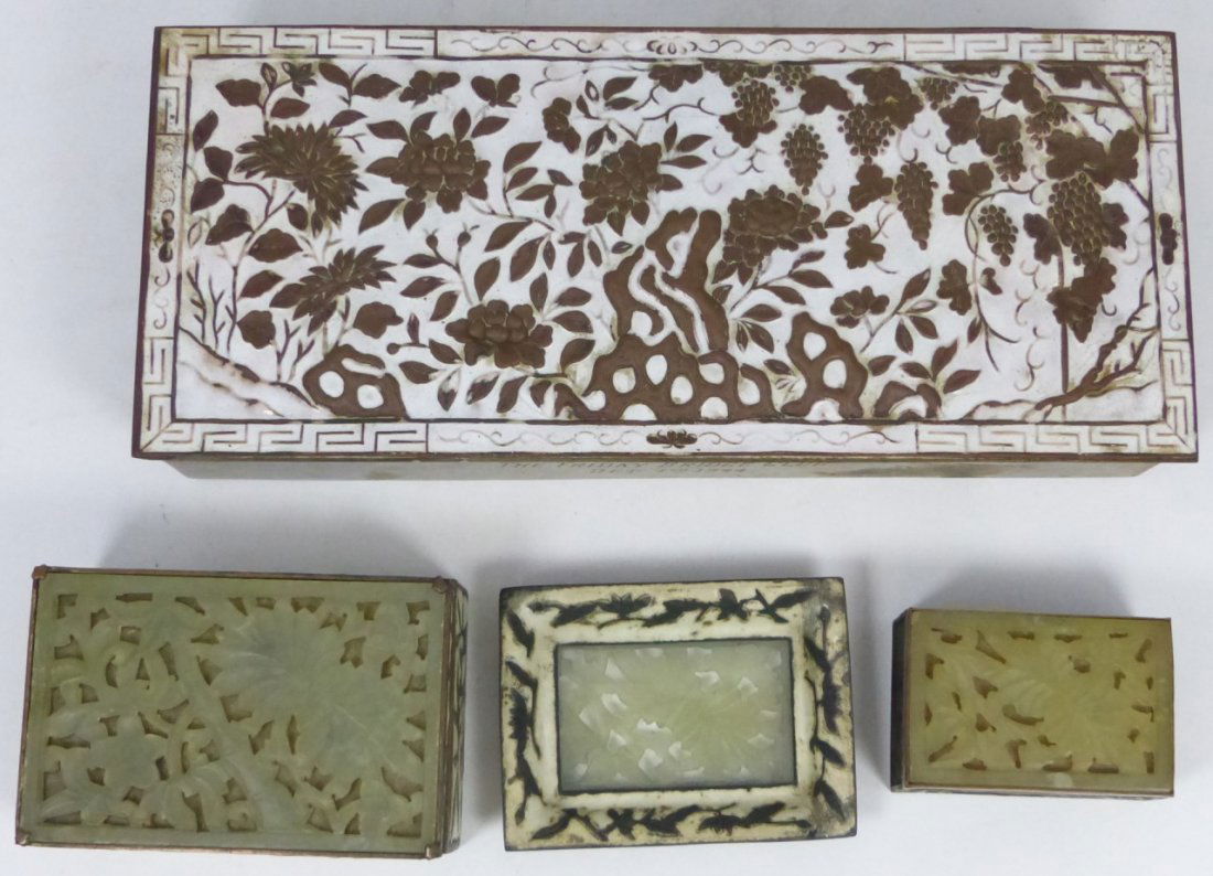 4pc CHINESE ENAMEL BOXES w CARVED JADE PLAQUES (1 of 9)