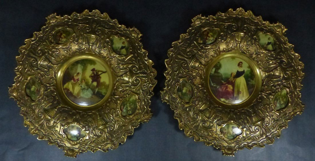Pr SPANISH BRASS PLAQUES w PORCELAIN INSERTS (1 of 9)