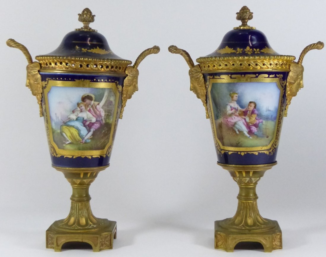 PR SEVRES GOLD GILT BRONZE & COBALT PORCELAIN URNS (1 of 10)