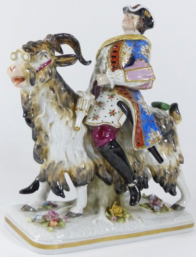 SITZENDORF PORCELAIN MAN w SPECTACLES RIDING RAM (1 of 10)