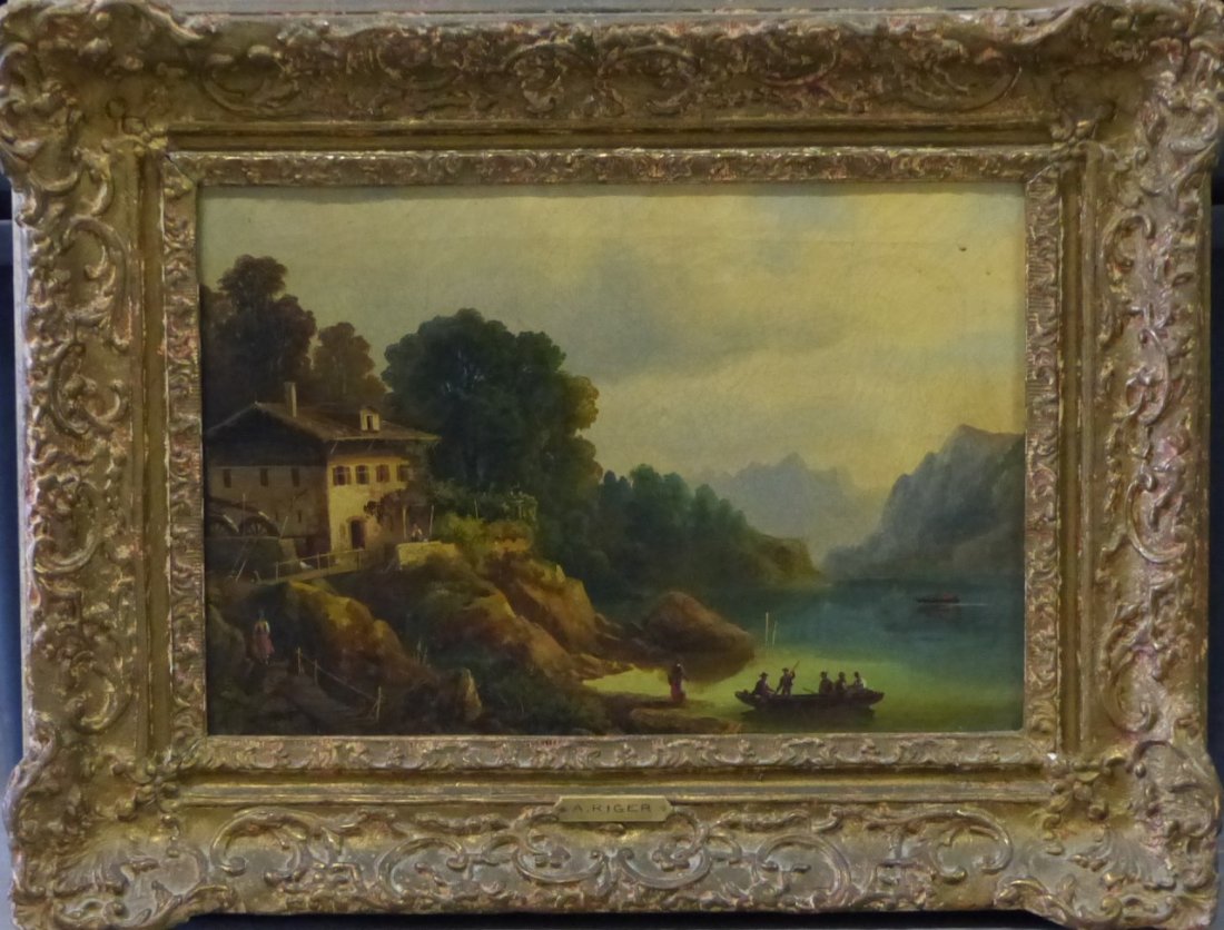 A RIGER OIL PAINTING ON CANVAS MILL & WATER WHEEL: Antiques oil painting on canvas depicting a landscape of a mill with water wheel. Various figures can be seen around the mill and in small vessels on the water. Plaque reads A. Riger. Signed lower lef