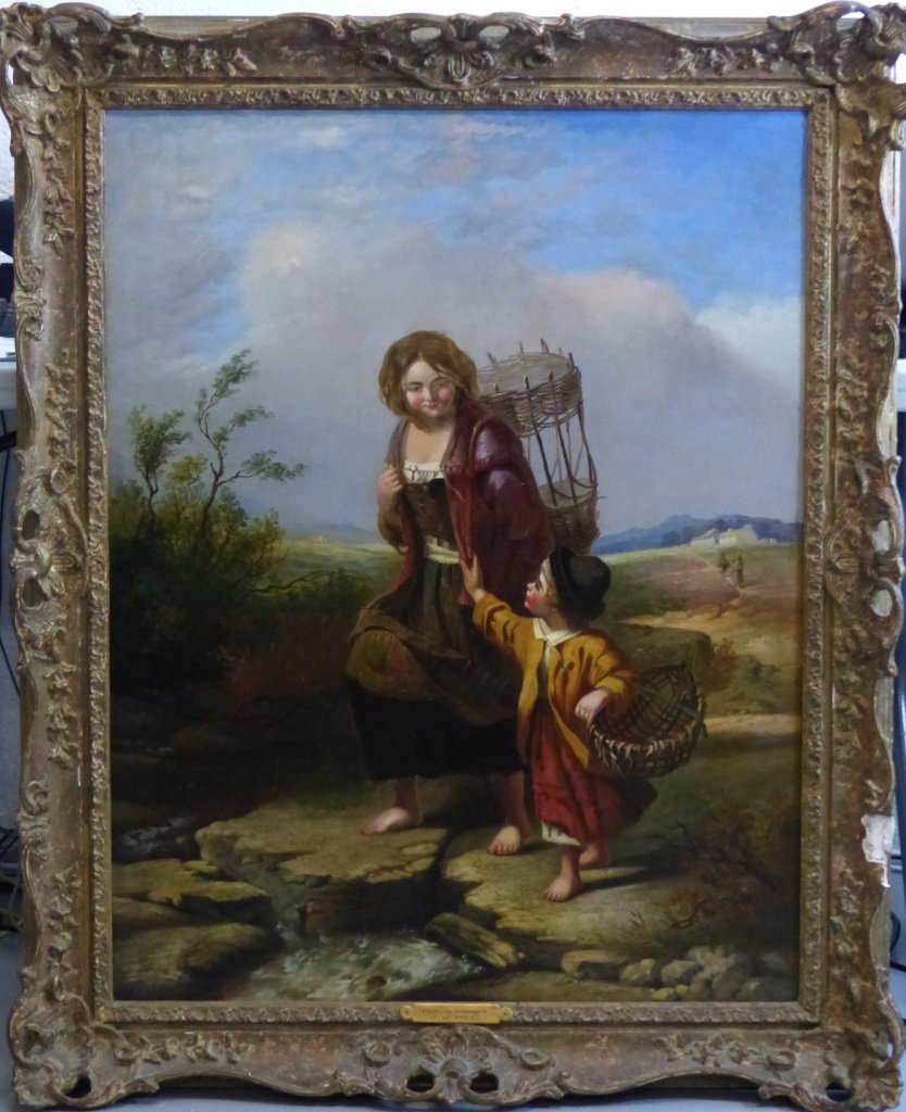 JAMES JOHN HILL OIL ON CANVAS "OFF TO MARKET": James John Hill (United Kingdom, 1811-1882) oil painting on canvas titled "Off to Market." Depicts a woman and child, each carrying an empty basket, headed to market. Signed lower right. Measures 35 1
