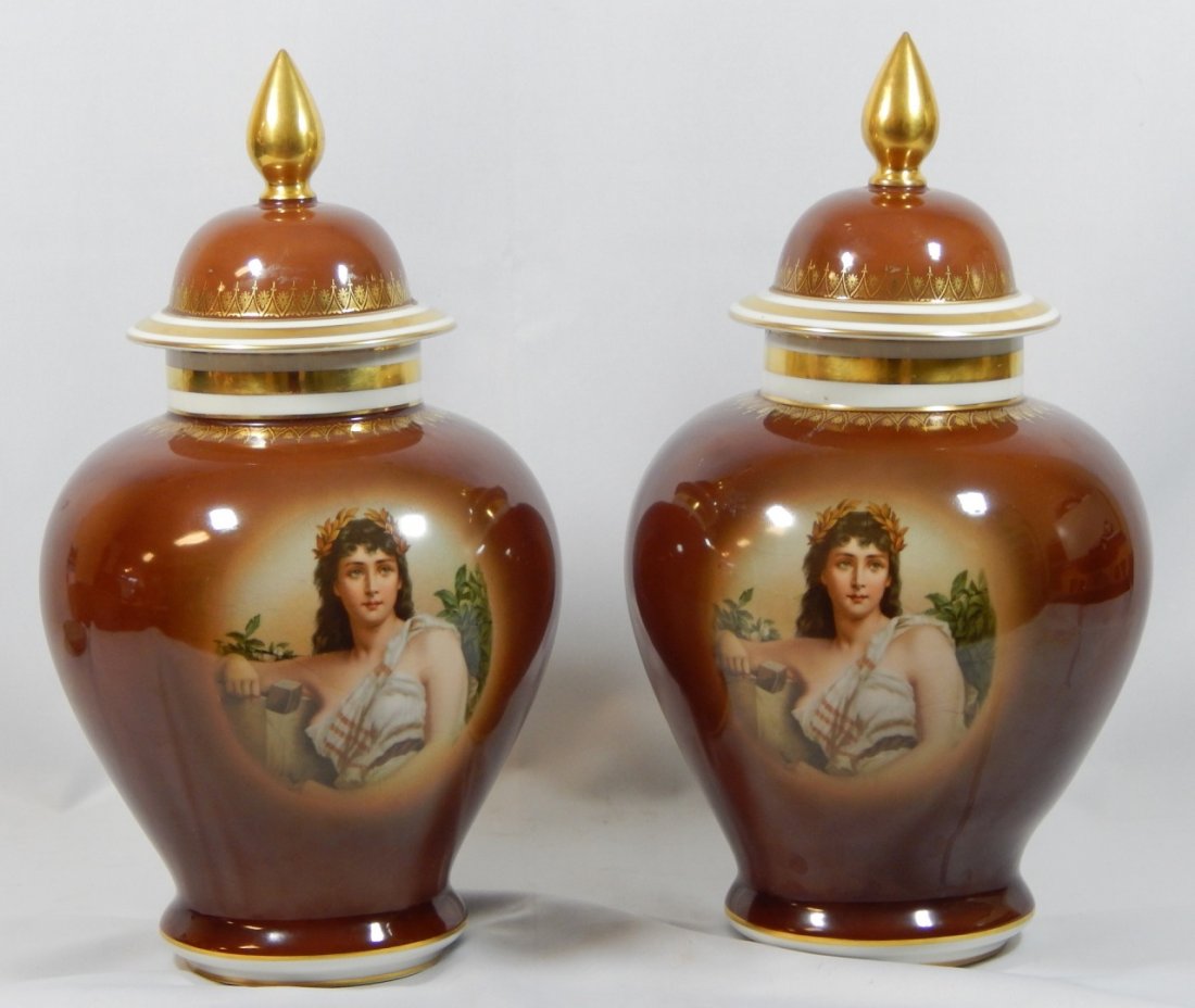 PAIR GERMAN SCHUMANN PORCELAIN PORTRAIT JARS: German Schumann porcelain ginger jars with transfer portraits over a brown ground, gold gilt accents to top and bottom. Each measure 17" (43cm) height.
