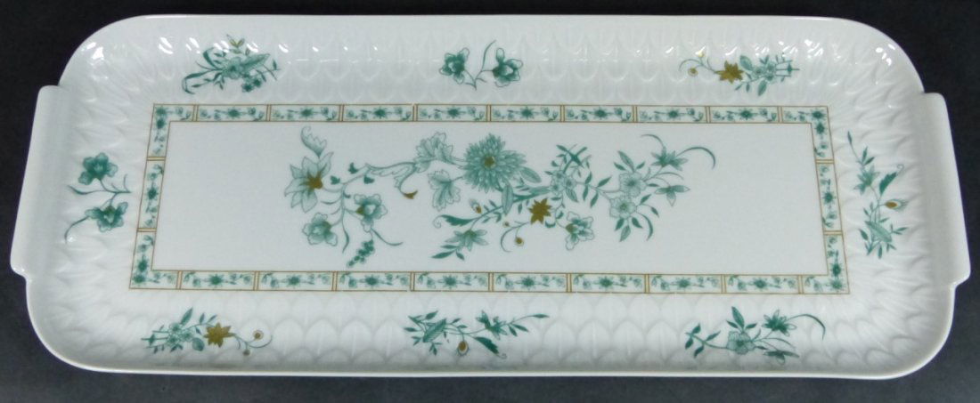 BERNARDAUD LIMOGES FRENCH PORCELAIN TRAY: Bernardaud Limoges France porcelain tray with raised leaf design and hand painted green floral sprays. Measures 15 1/4" (38.5cm) length.