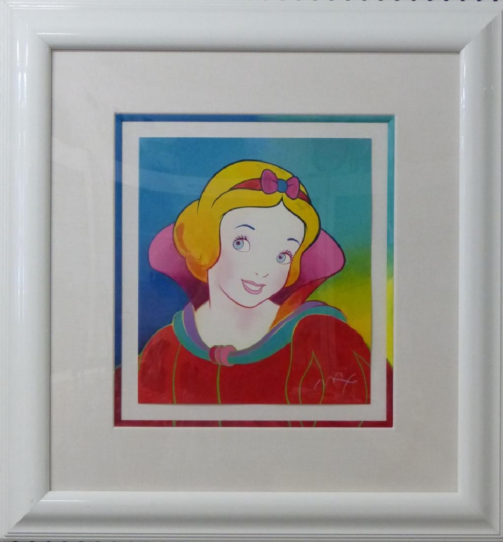 PETER MAX SNOW WHITE DISNEY SERIGRAPH: Peter Max Snow White serigraph from the Disney series. Signed lower right. Numbered lower left 87/500 and holds publisher's seal. Measures 16" (40.5cm) x 13 1/2" (34cm) + 8" mat & frame.