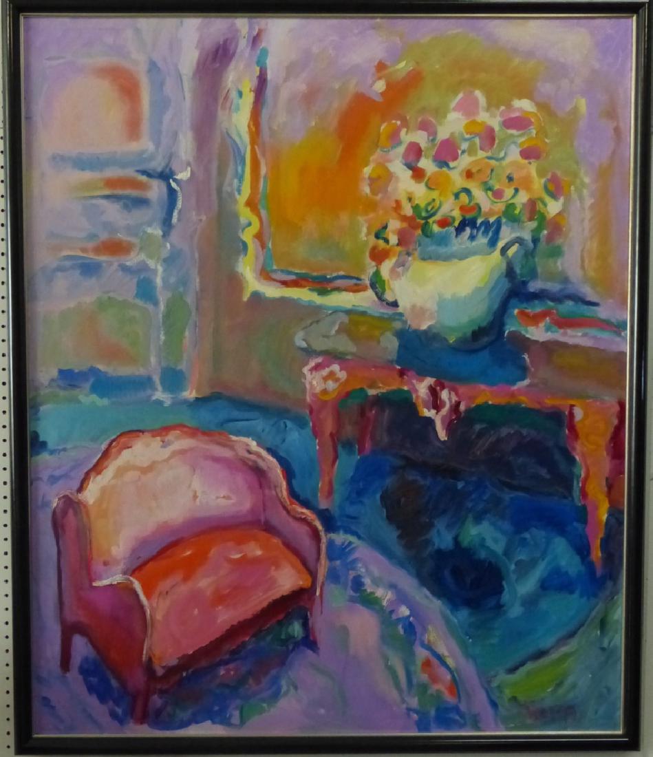 JEROME TUPA OIL PAINTING ON CANVAS INTERIOR SCENE: Jerome Tupa (born 1941) oil painting on canvas depicting an interior scene. Modern styling with bright colors. Measures 49 1/2" (126cm) x 41" (104cm) + 1 1/2" (4cm) frame.