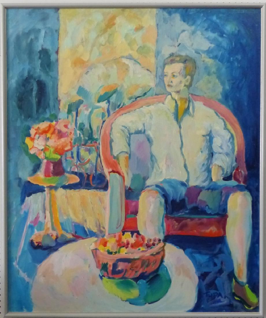 JEROME TUPA OIL PAINTING ON CANVAS INTERIOR SCENE: Jerome Tupa (born 1941) oil painting on canvas depicting a seated gentleman in an interior scene. Modern styling with bright colors. Measures 49 1/2" (126cm) x 41" (104cm) + 1" (2.5cm) frame.
