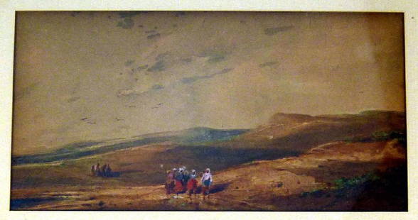 RICHARD PARKES BONINGTON WATERCOLOR LANDSCAPE: Watercolor on paper depicting villagers within a landscape in the manner of Richard Parkes Bonington (1802-1828). Measures 6 1/2" (16cm) length by 3 1/2" (9cm) height plus 2" (5cm) frame and matting.