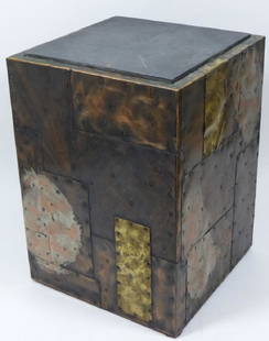 PAUL EVANS FOR DIRECTIONAL COPPER PATCHWORK TABLE: Paul Evans for Directional mid-century modern cube copper and metal patchwork brutalist side table with slate top. No apparent signature. Measures 13" (33cm) square x 18" (46cm) height.