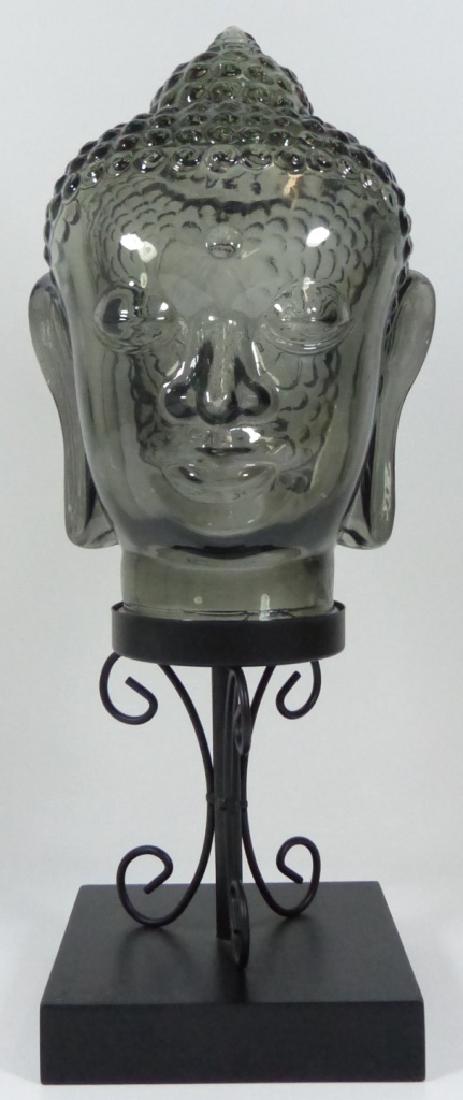 SMOKEY GLASS BUDDHA HEAD w DECORATIVE STAND (1 of 10)