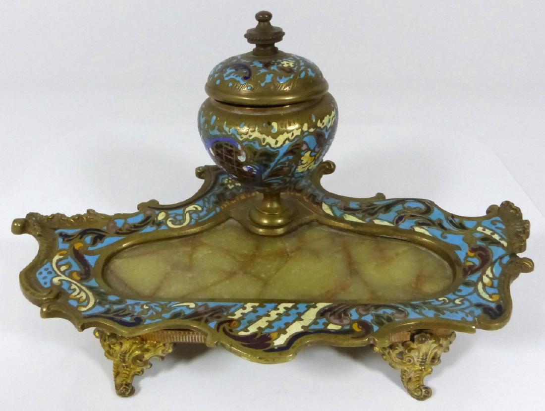 FRENCH CHAMPLEVE BRASS INKWELL ON STAND (1 of 10)