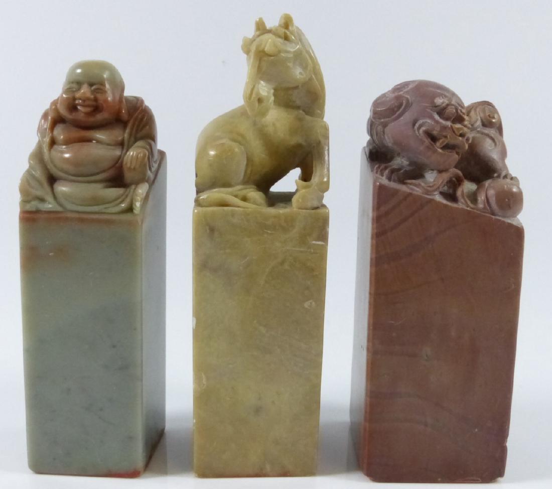 3pc CHINESE SOAPSTONE SEALS BUDDHA HORSE FOO DOG (1 of 6)