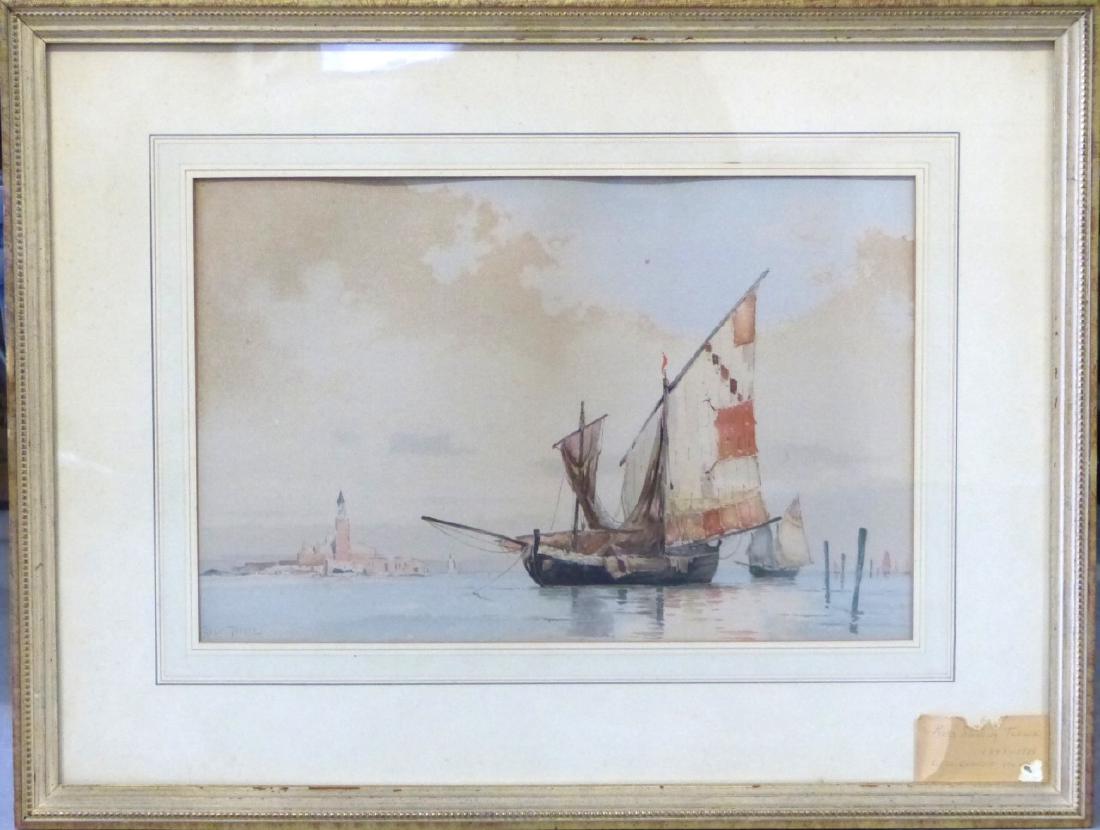 ROSS TURNER WATERCOLOR OF SAILBOATS: Ross Sterling Turner (New York, 1847-1915) watercolor on paper depicting sailboats. Signed lower left. Measures 17" (43cm) x 11" (28cm) + 4" (10cm) mat & frame.